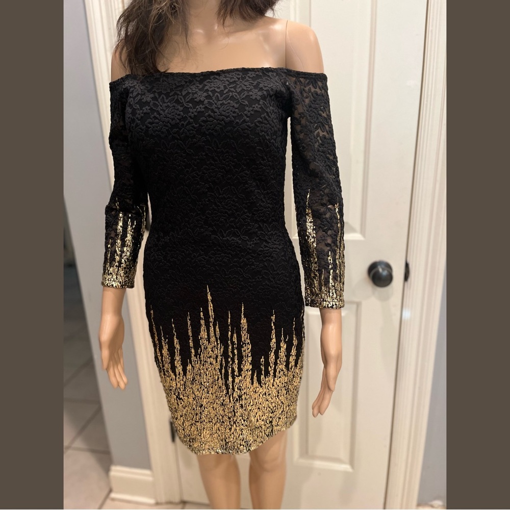 Off the Shoulder Lace Black and Gold Foil Dress